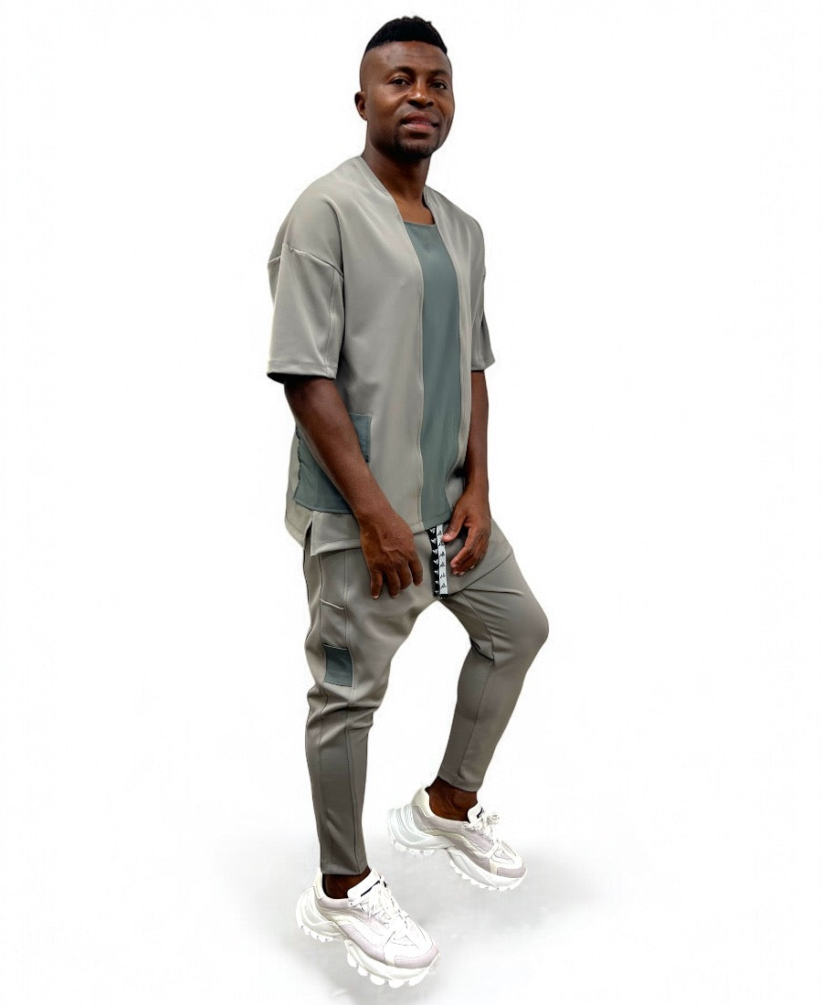 Pantaloni in combinatie de doua nuante de kaki cu design lateral