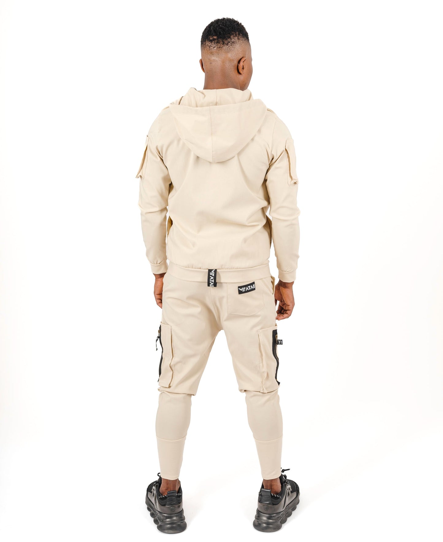 Cream Two-Piece Set with Patch Pockets and Logo Drawstring