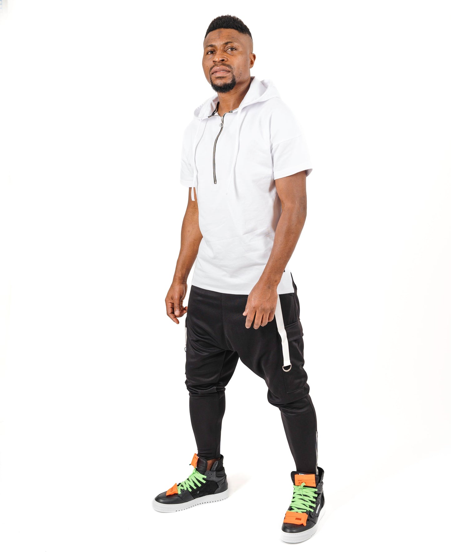 Black trousers with white accesories