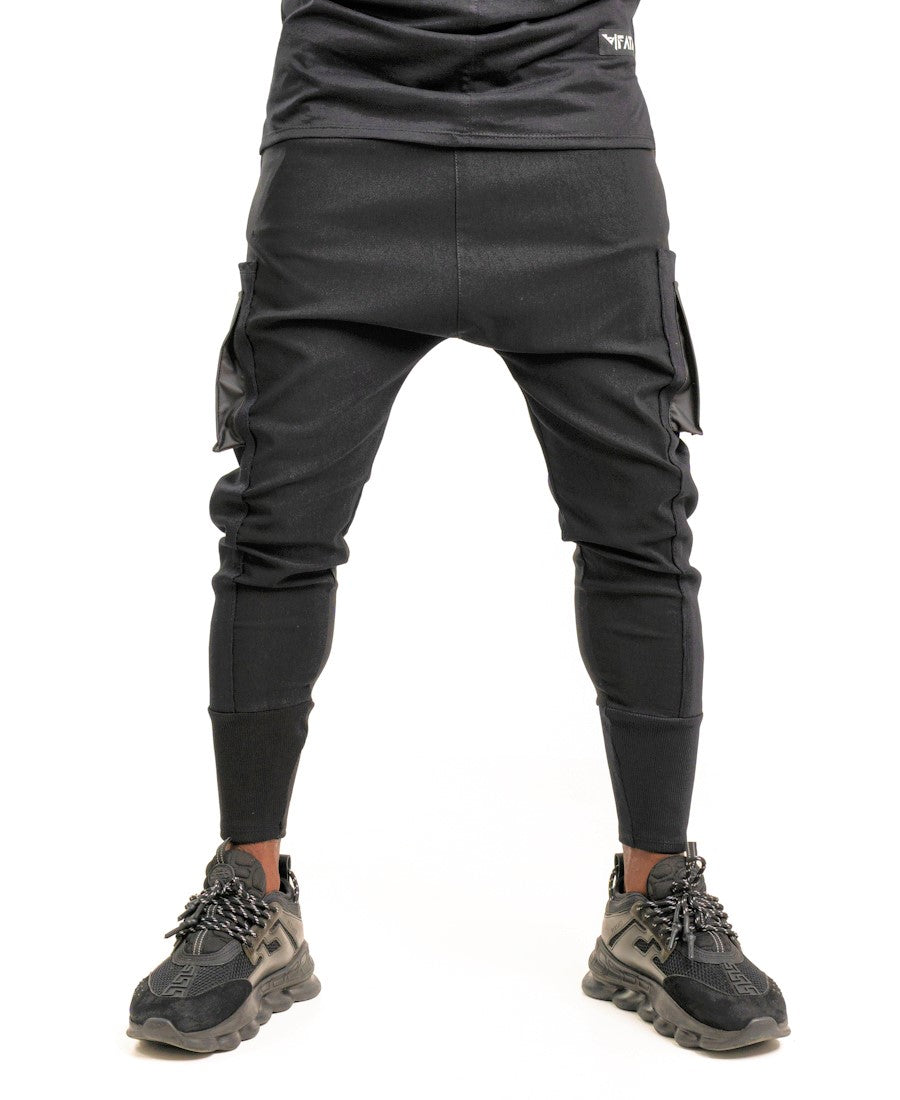 Black trousers with leather pockets