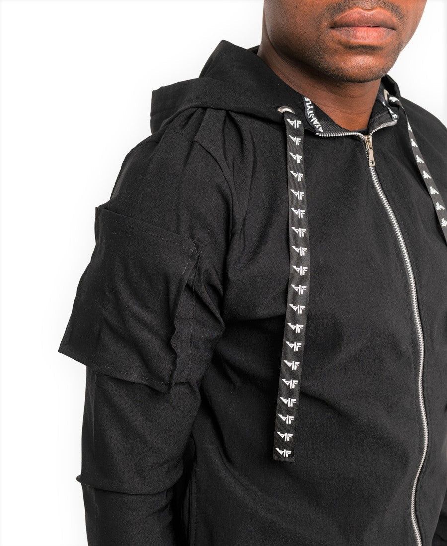 Black Two-Piece Set with Patch Pockets and Logo Drawstring