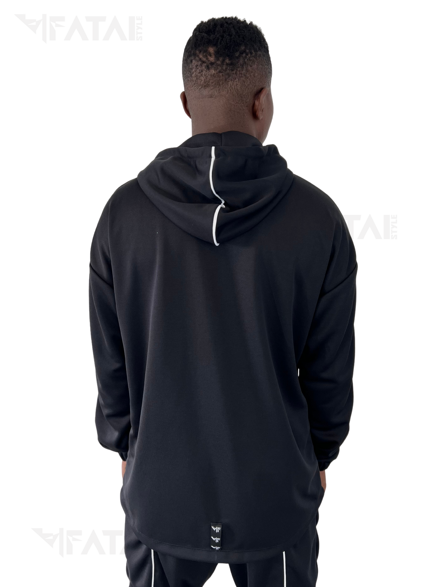 Black Two-Piece Set with White Piping and Patch Pockets