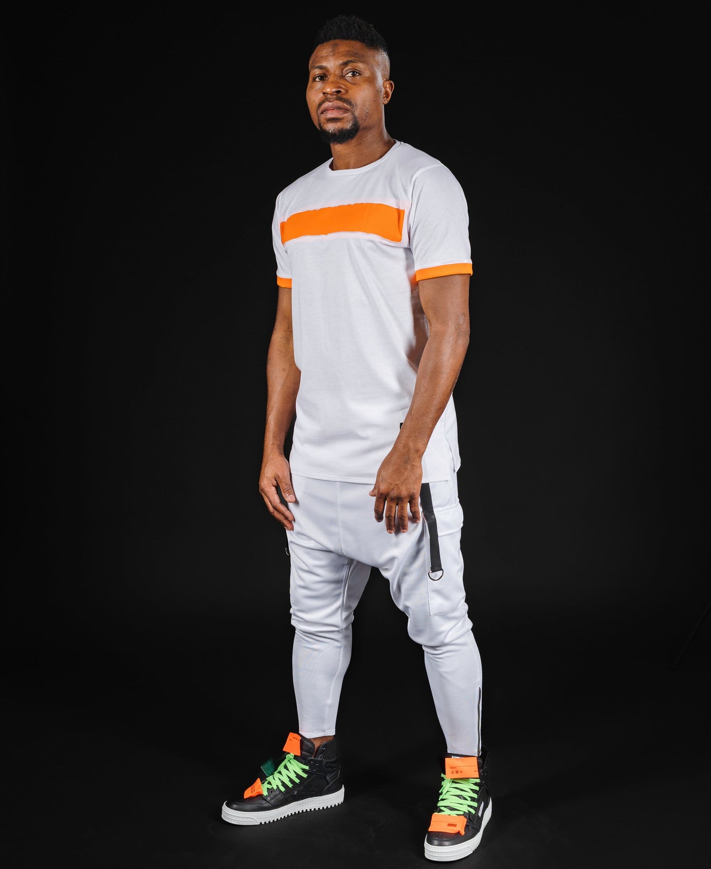 White t-shirt with orange details