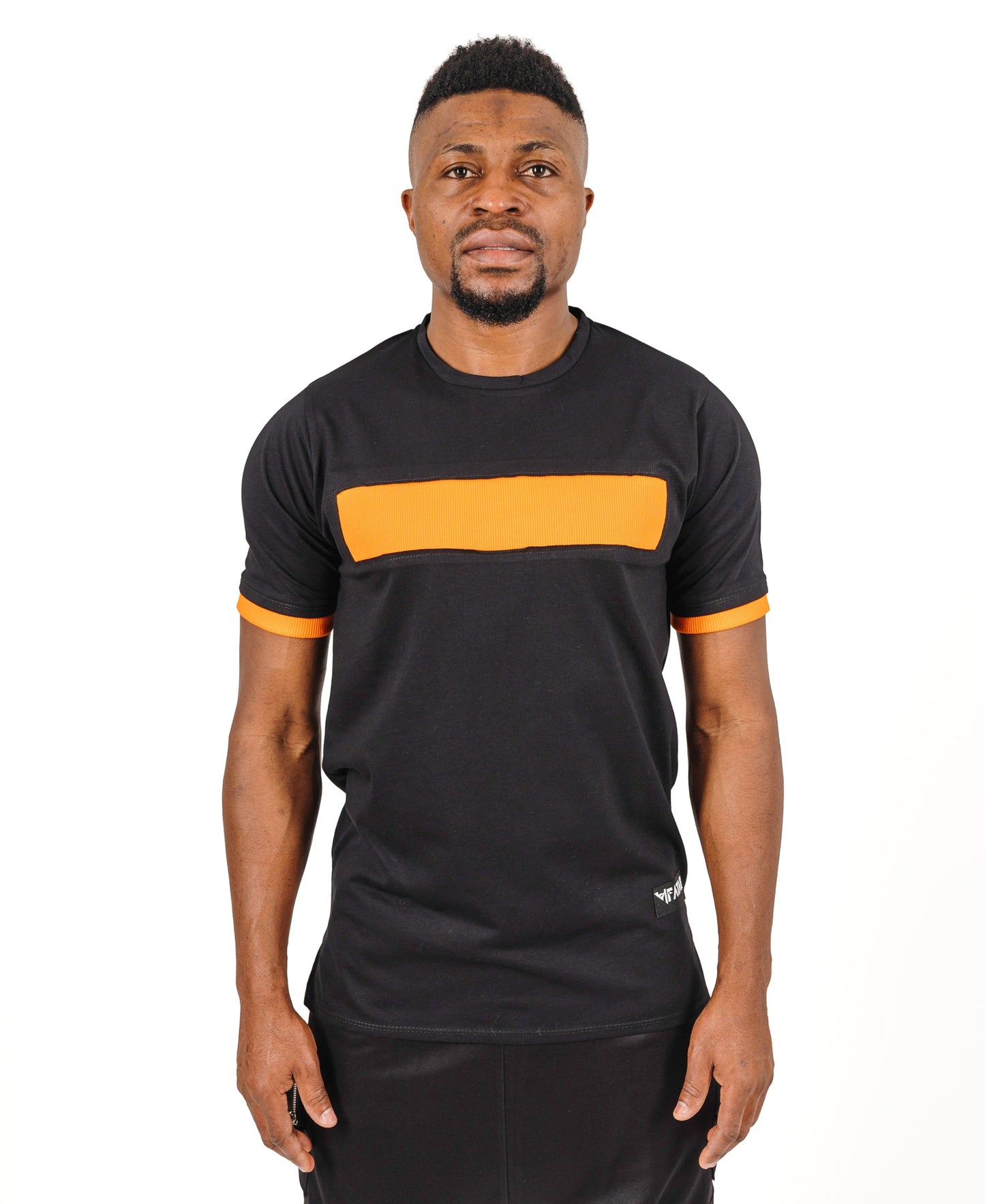 Black t-shirt with orange details