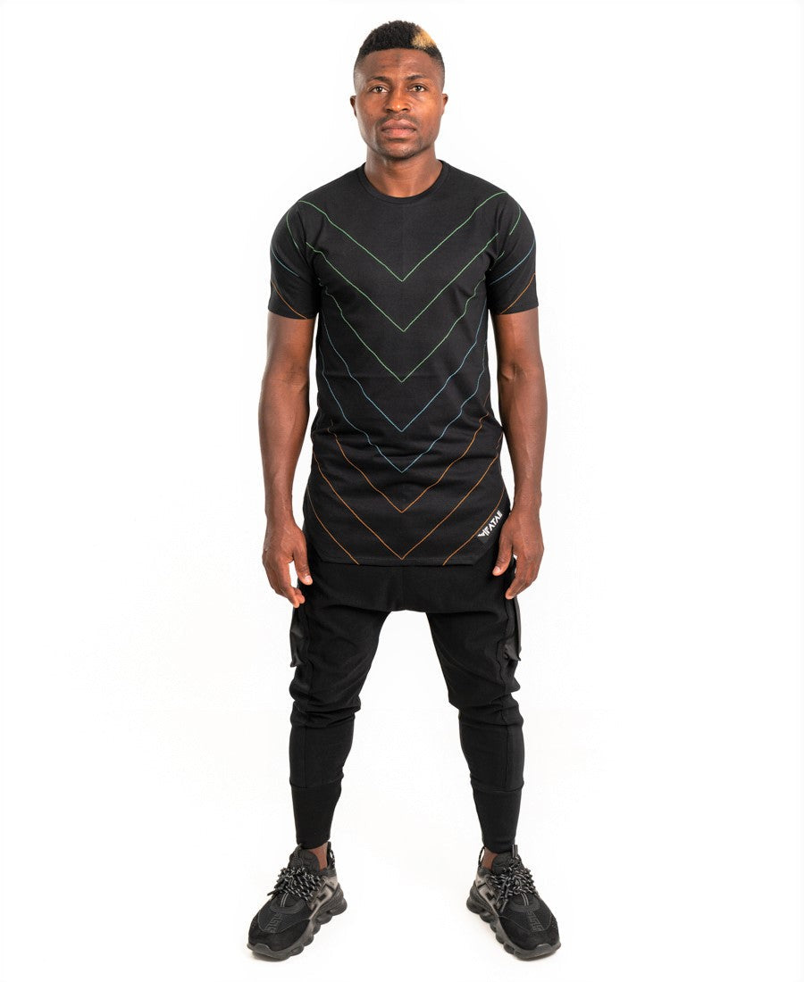 Black t-shirt with multicolor sewings