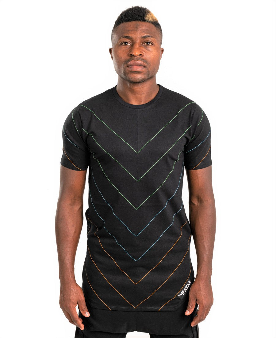 Black t-shirt with multicolor sewings