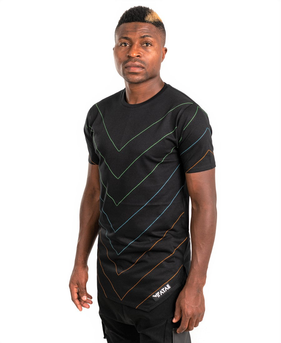Black t-shirt with multicolor sewings