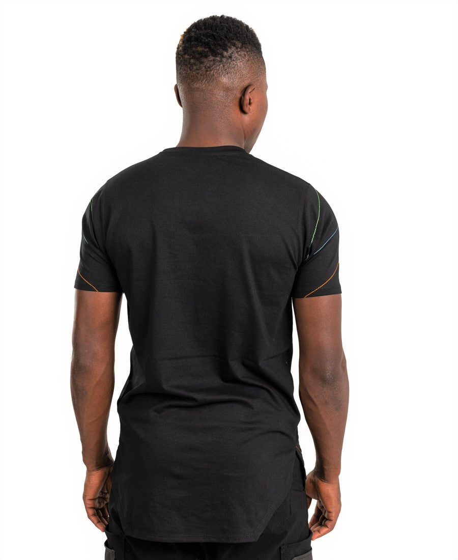 Black t-shirt with multicolor sewings