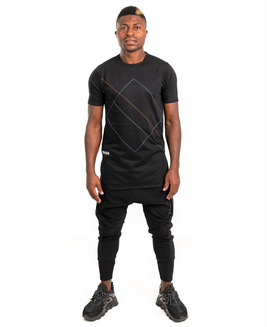 Black t-shirt with multicolor sewings