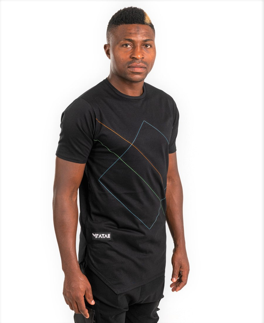 Black t-shirt with multicolor sewings
