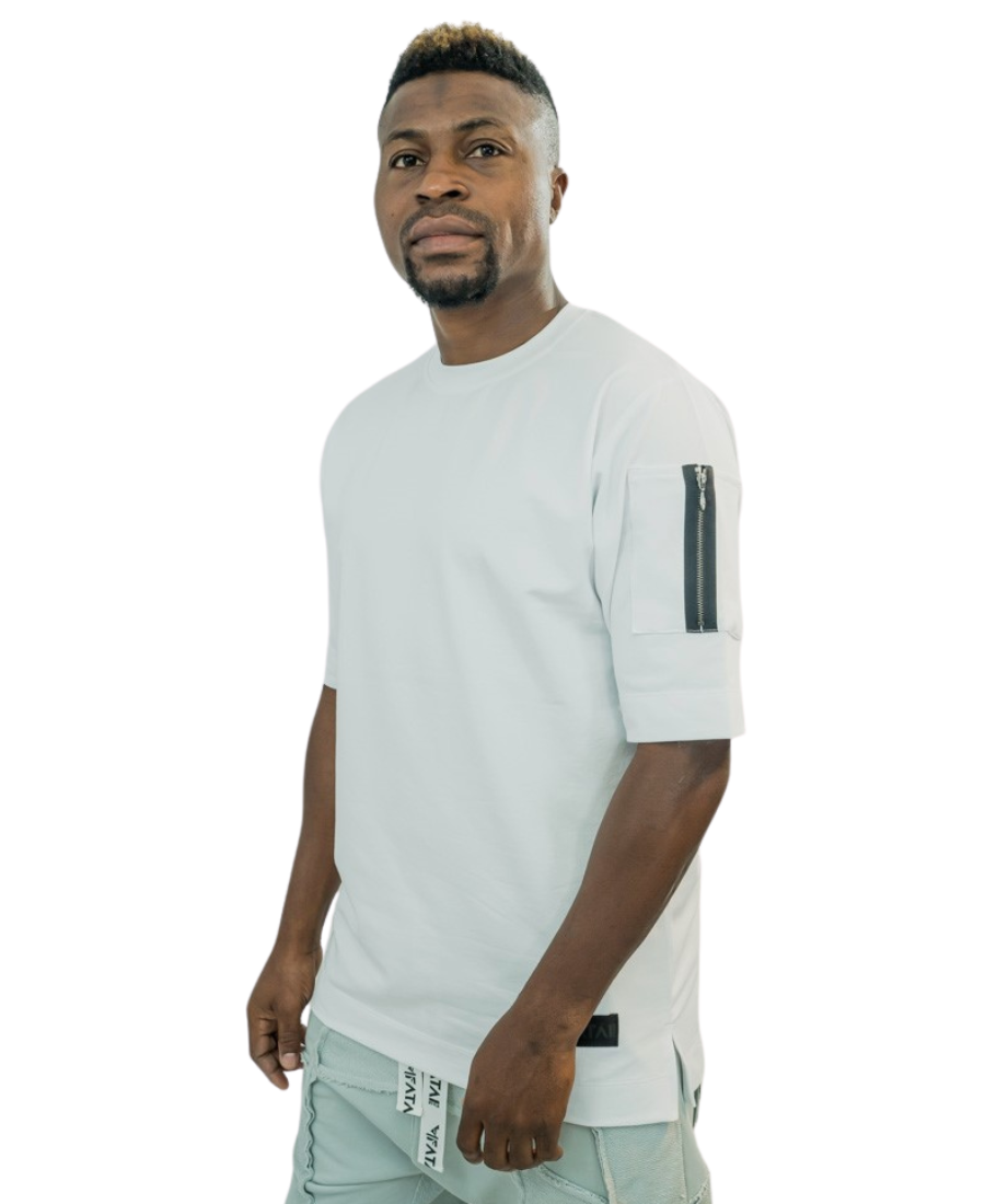 White t-shirt with zip on the hand