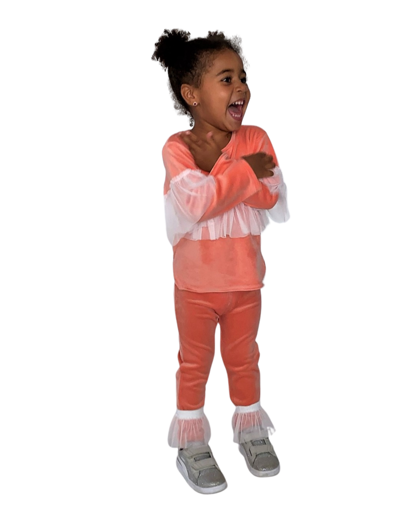 Compleu fete cu volane pantaloni detasabile - piersica (bluza+pantalon)