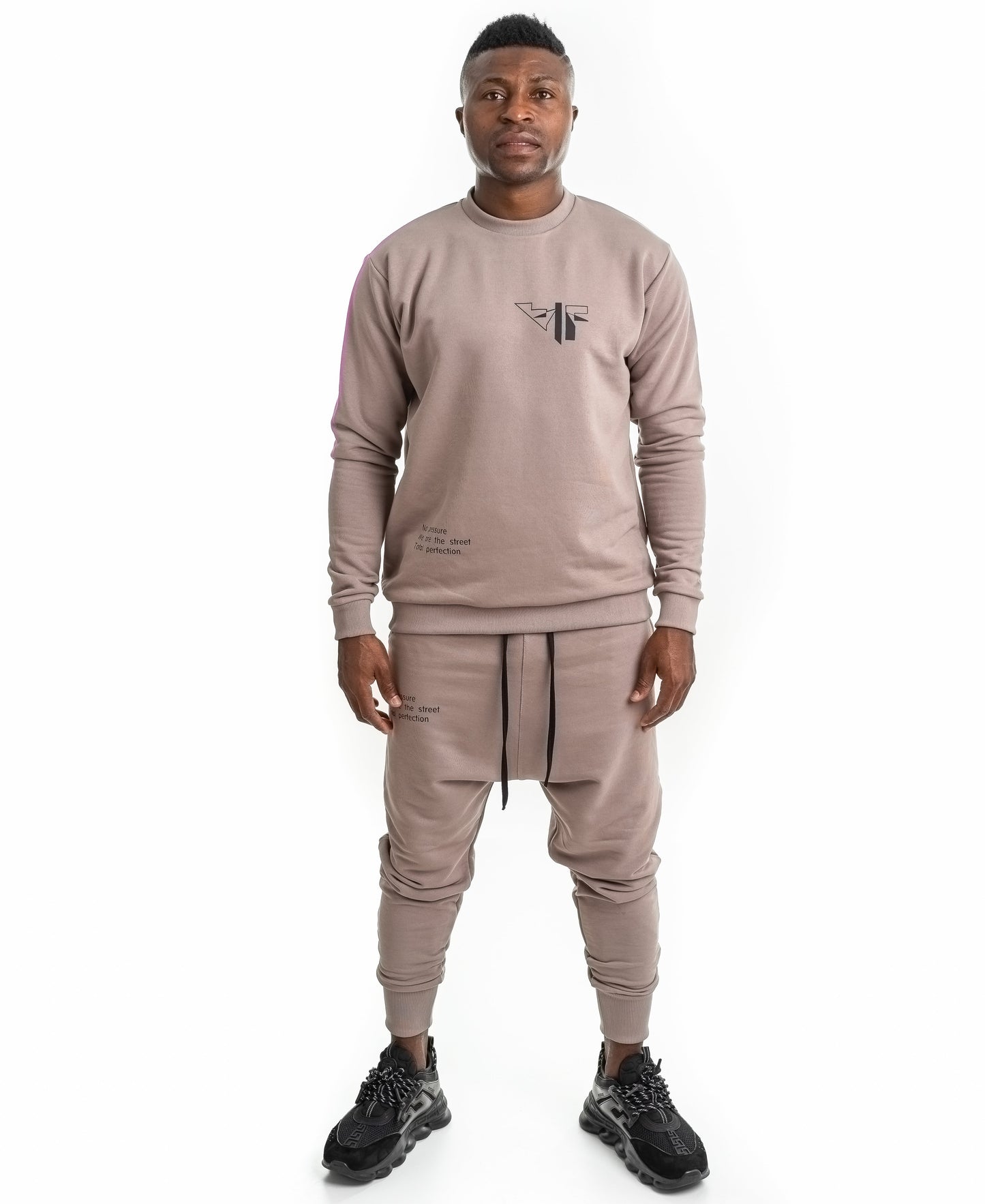 Cappuccino tracksuit with printed text
