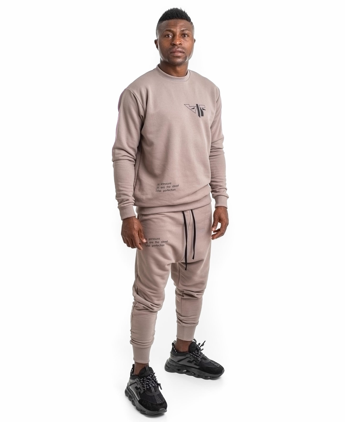 Cappuccino tracksuit with printed text