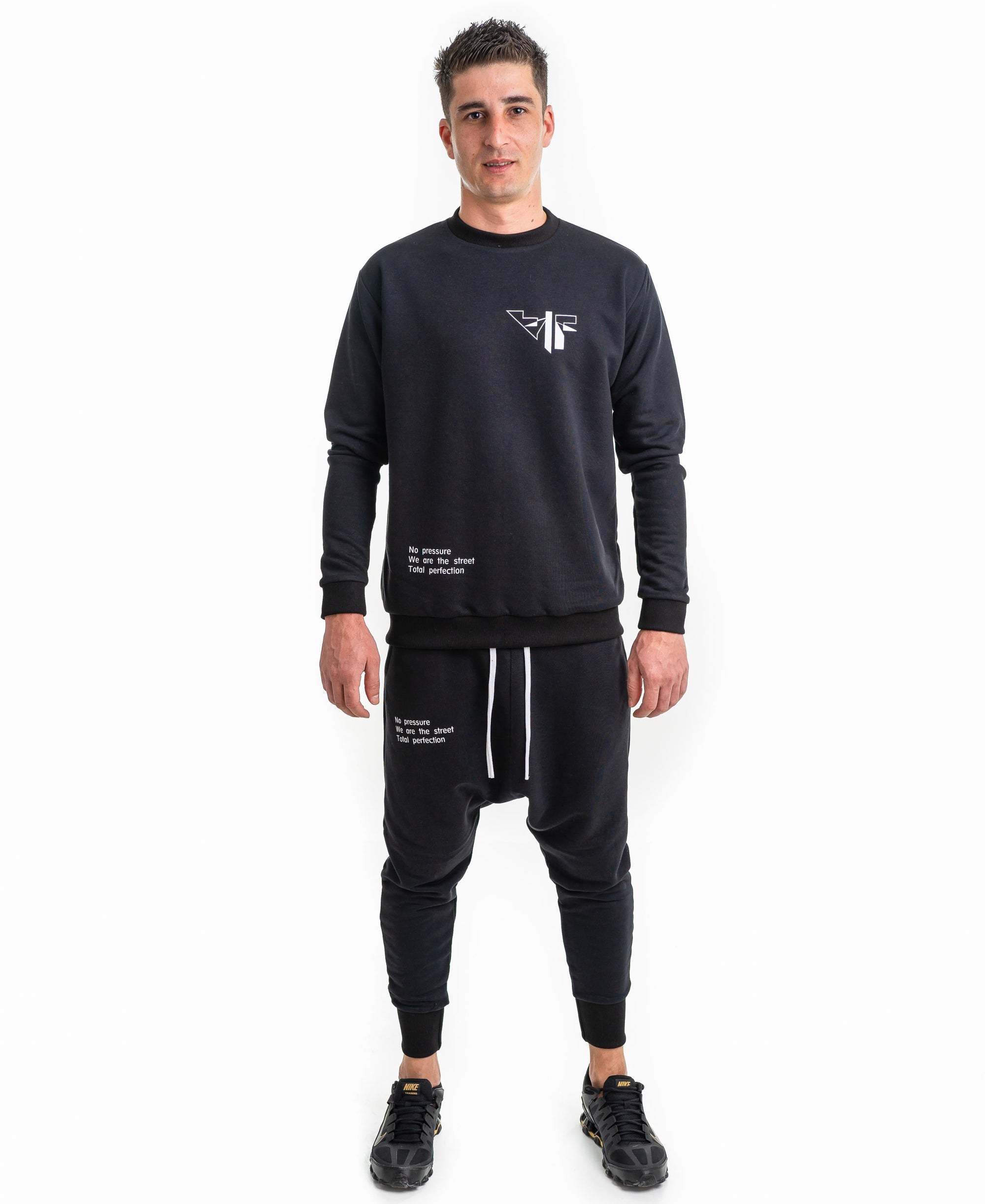 Black tracksuit with printed text