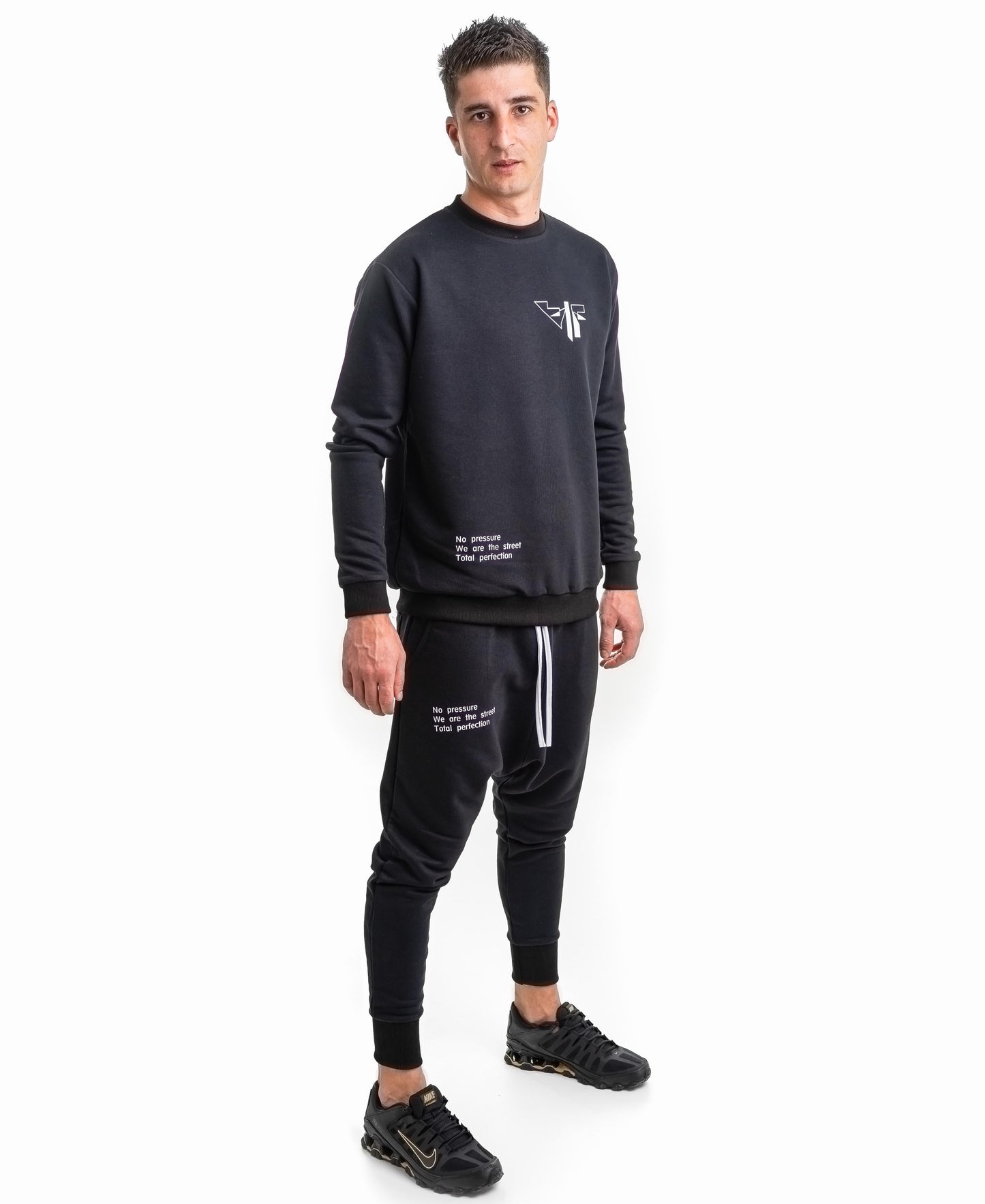 Black tracksuit with printed text