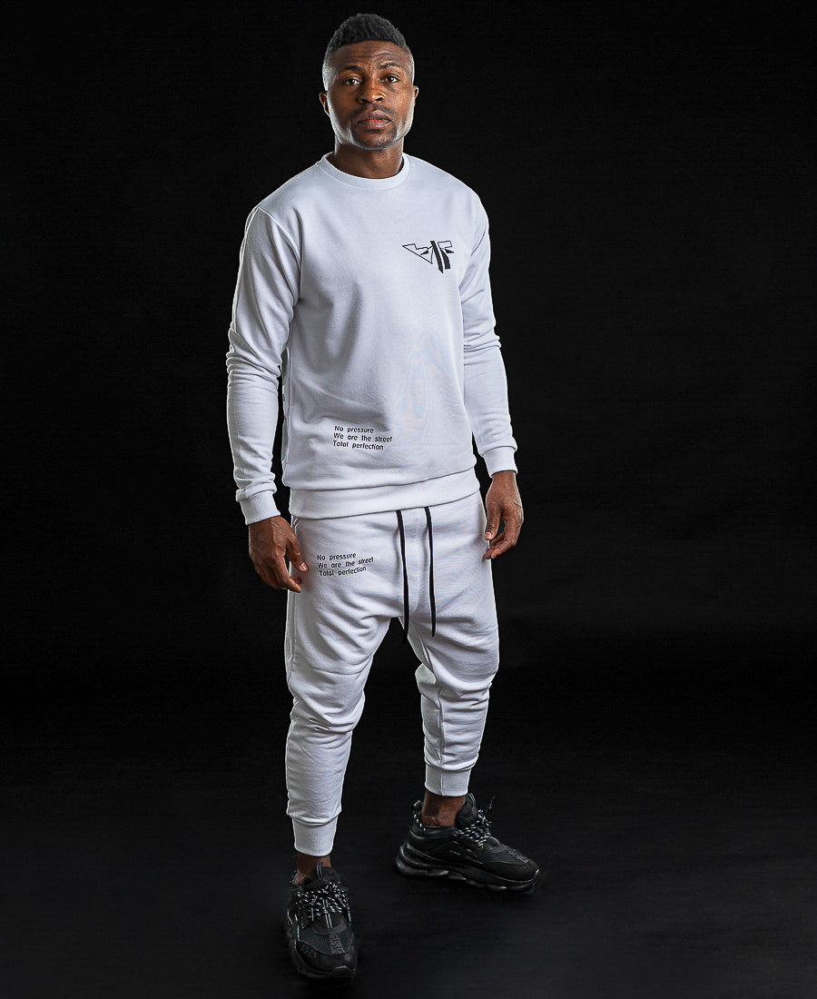 White tracksuit with printed text