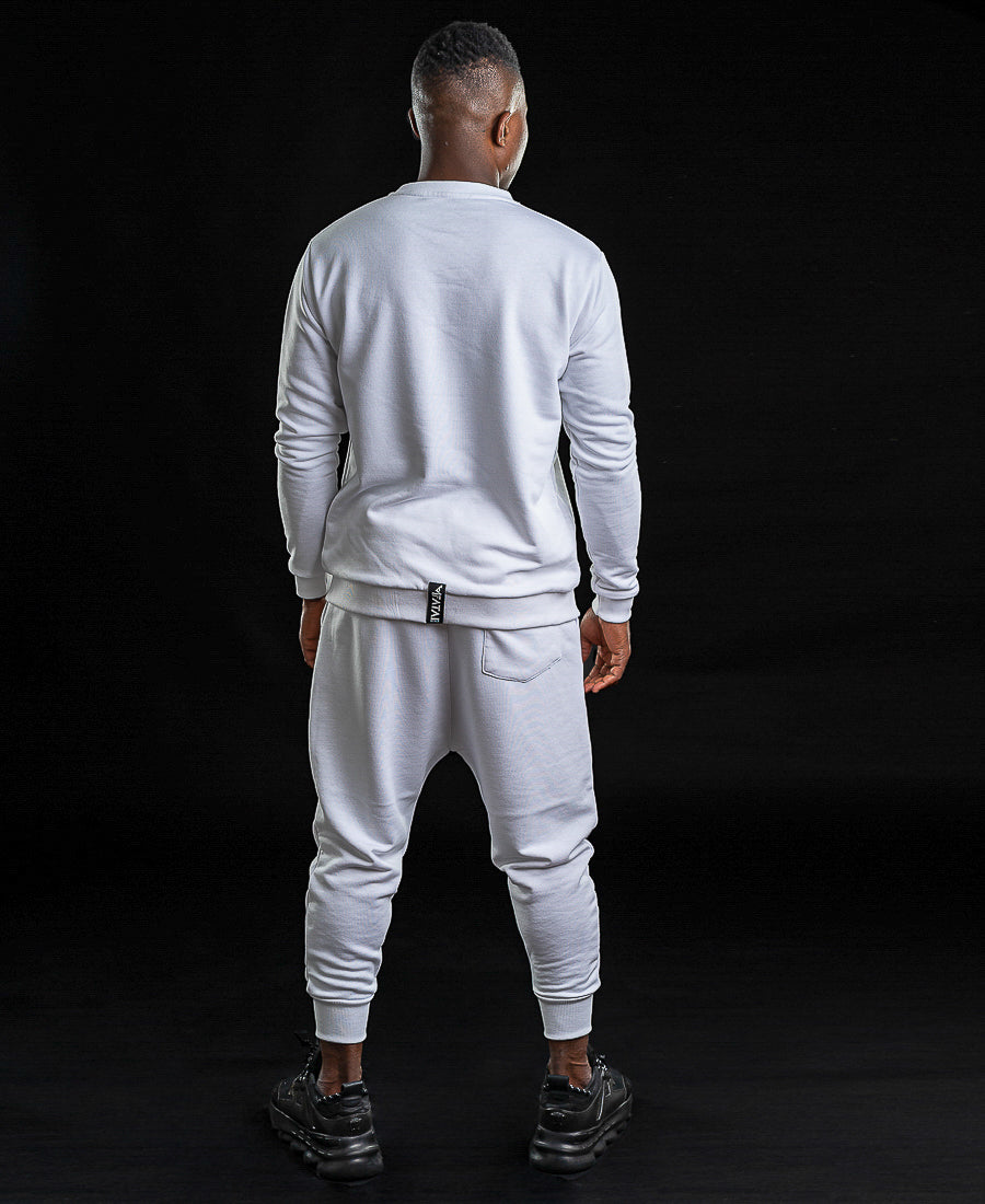 White tracksuit with printed text