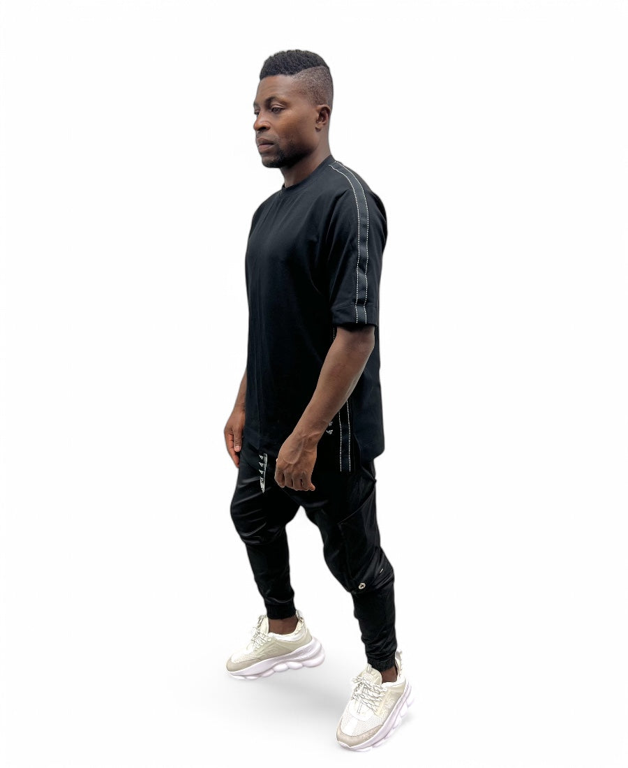 Black T-Shirt with Black Band and White Design