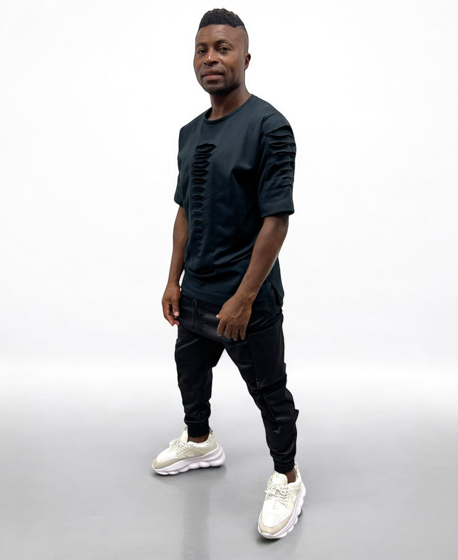 Black T-Shirt with Sculpted Cut-Outs