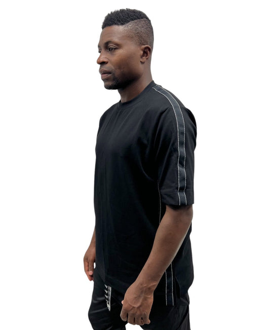 Black T-Shirt with Black Band and White Design