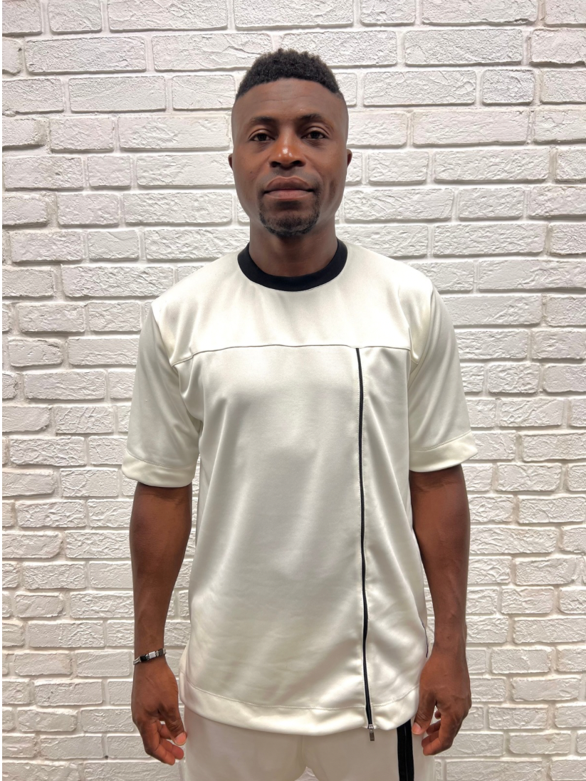Off-White T-Shirt with Vertical Black Zip