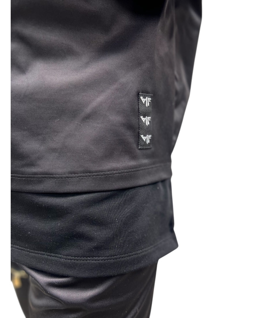 Black Glossy Weave Two-Piece Set with Wide Zip Trousers