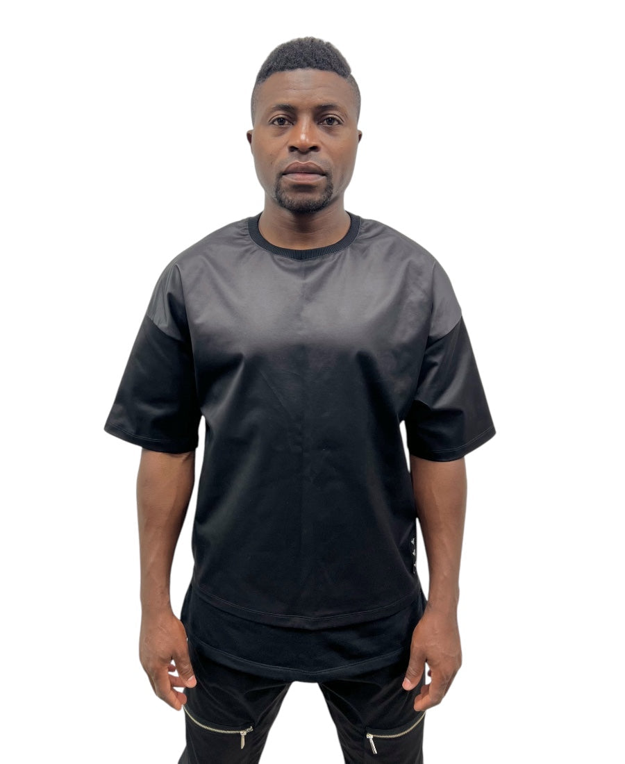 Black Glossy-Finish T-Shirt with Extended Hem