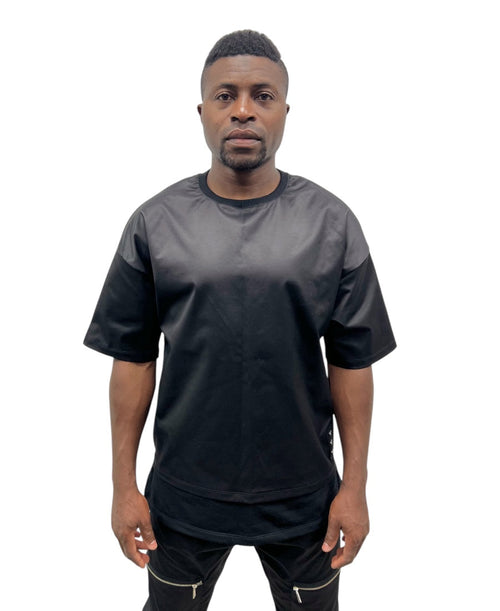 Black Glossy-Finish T-Shirt with Extended Hem