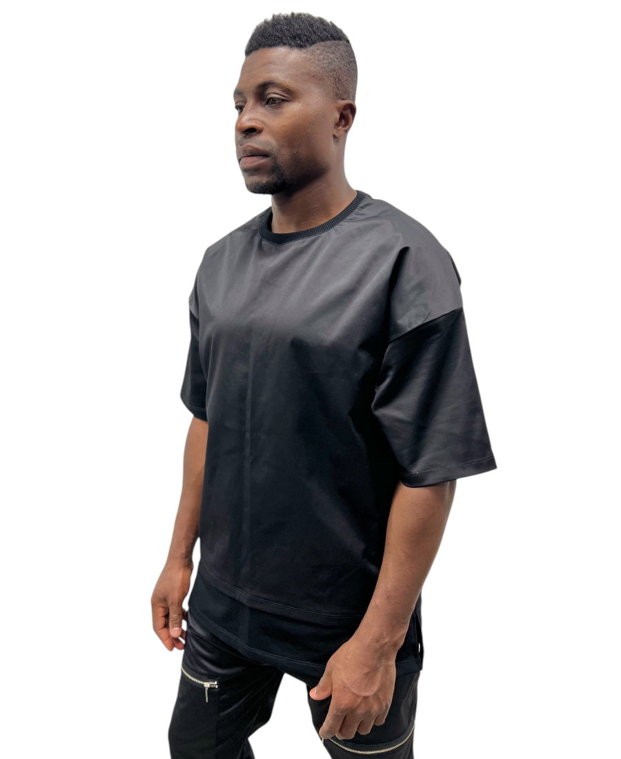 Black Glossy-Finish T-Shirt with Extended Hem