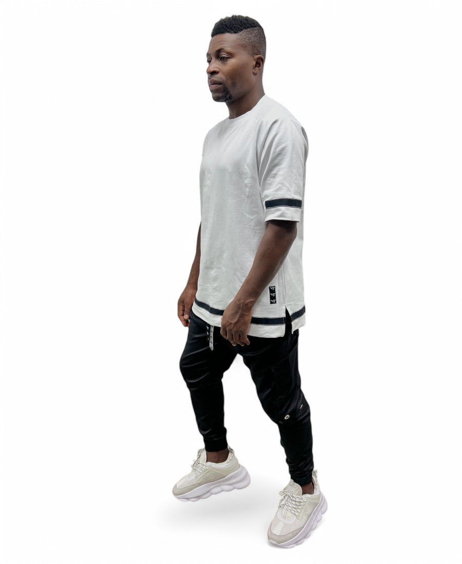 White T-Shirt with Black Band Detail