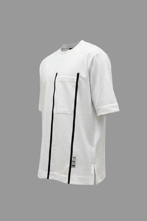 White T-Shirt with Front Pocket and Black Design