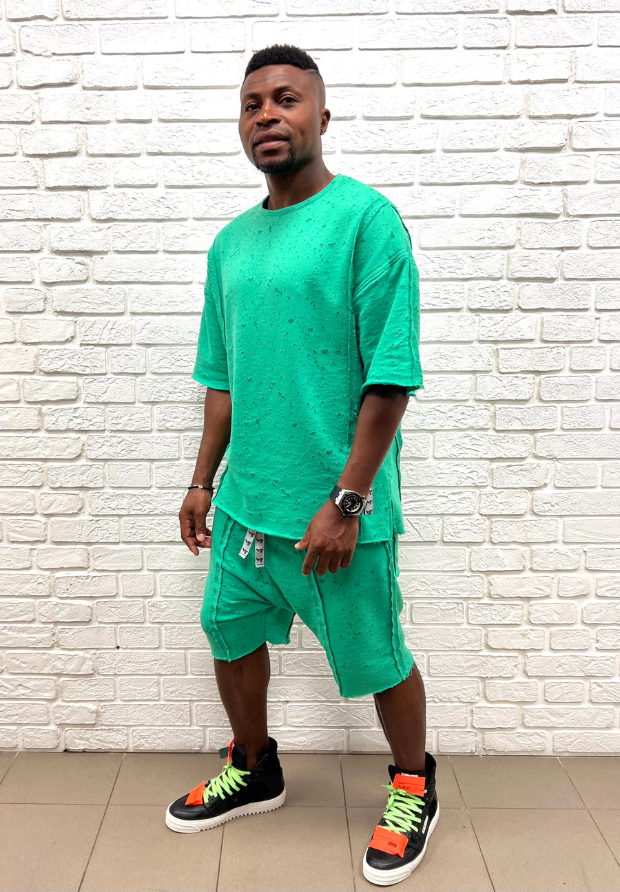 Green T-Shirt with Perforated Surface Detail