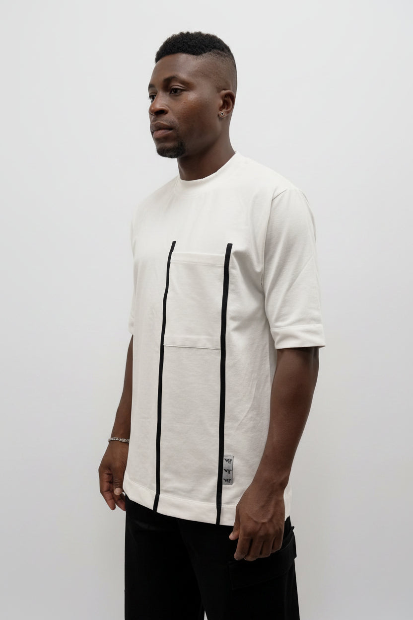 White T-Shirt with Front Pocket and Black Design