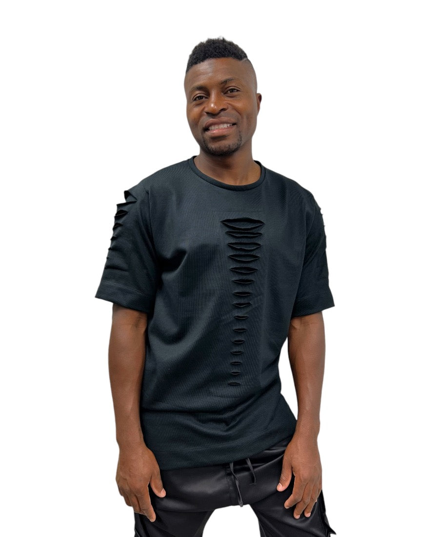 Black T-Shirt with Sculpted Cut-Outs