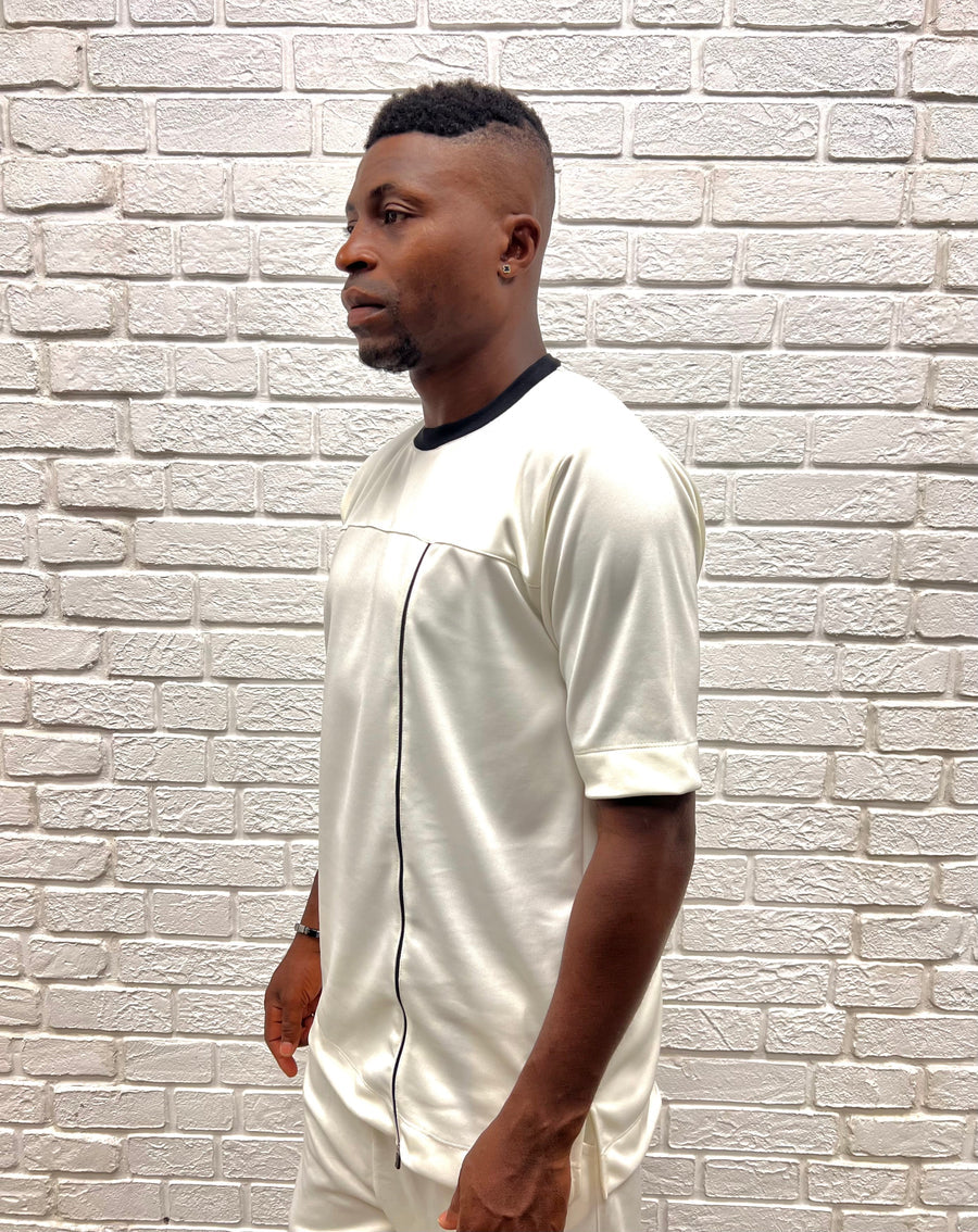Off-White T-Shirt with Vertical Black Zip