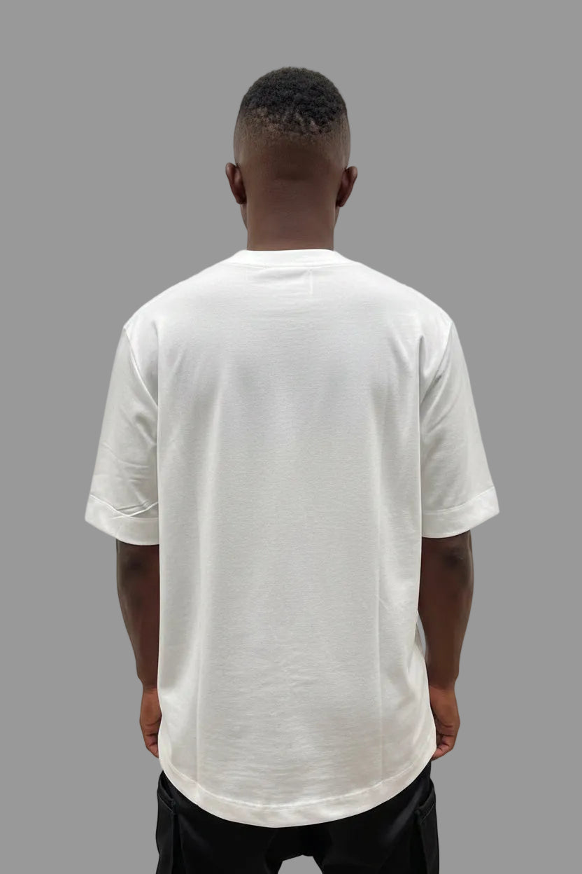 White T-Shirt with Front Pocket and Black Design