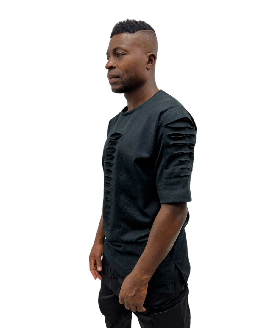 Black T-Shirt with Sculpted Cut-Outs