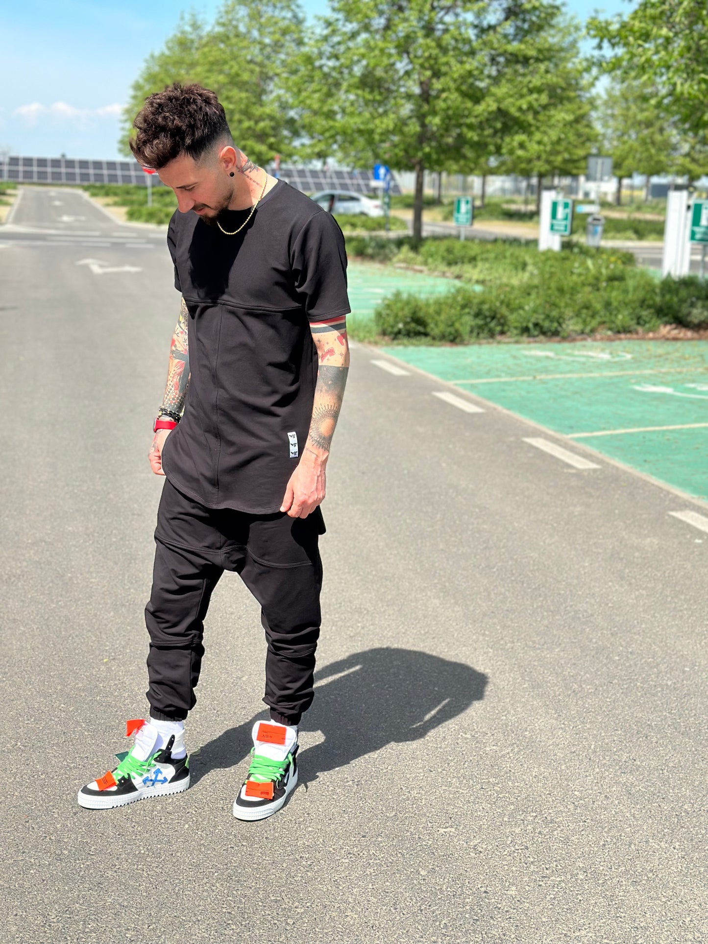 Black Two-Piece Set with Extended Back Hem