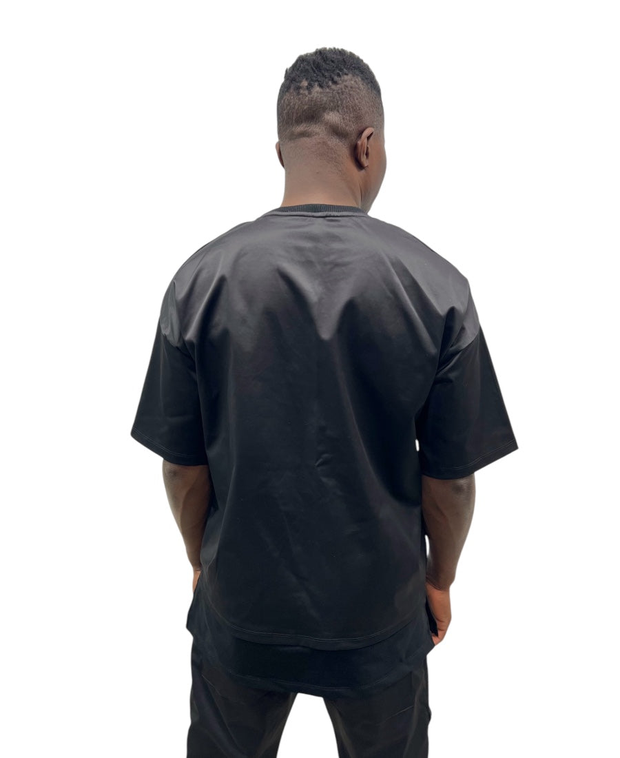 Black Glossy-Finish T-Shirt with Extended Hem