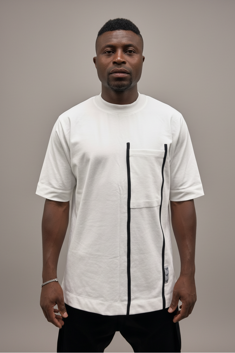 White T-Shirt with Front Pocket and Black Design