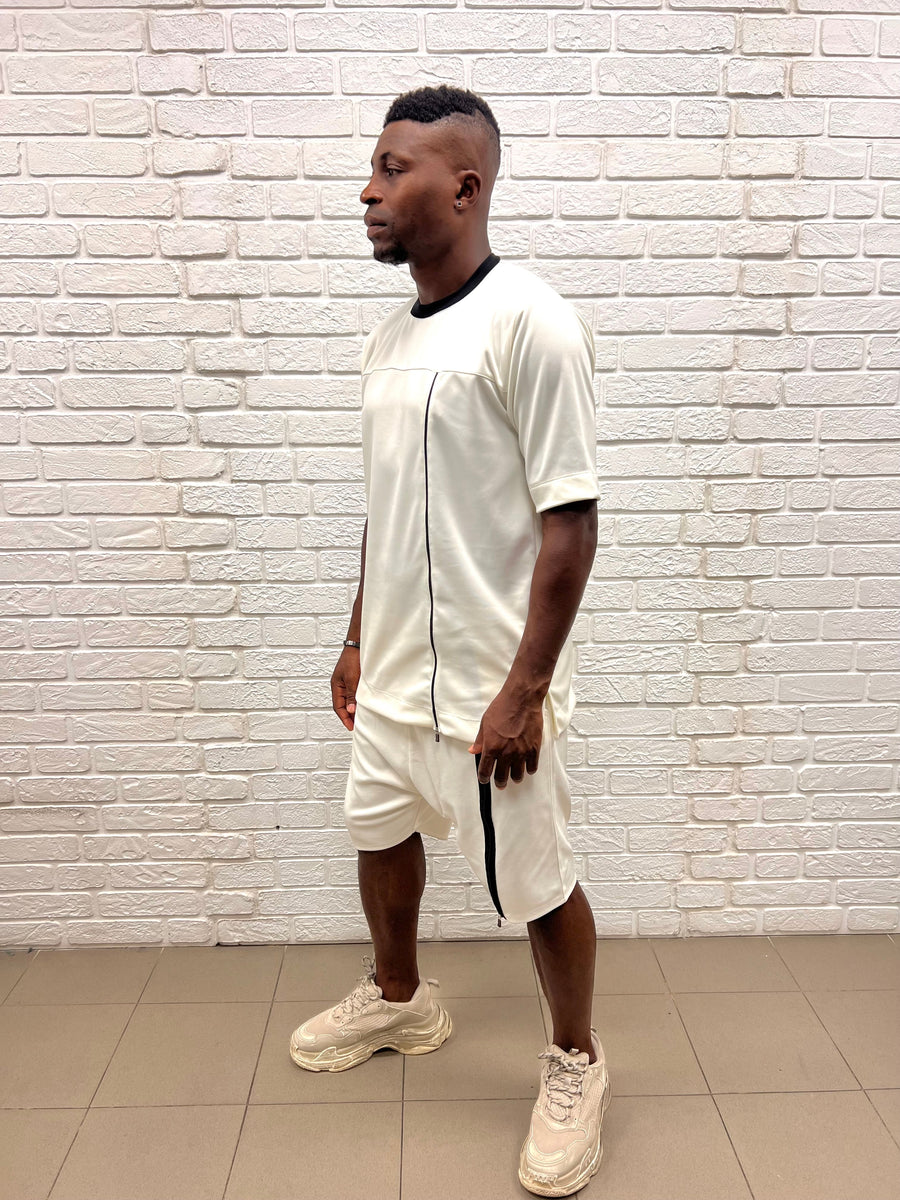 Off-White T-Shirt with Vertical Black Zip