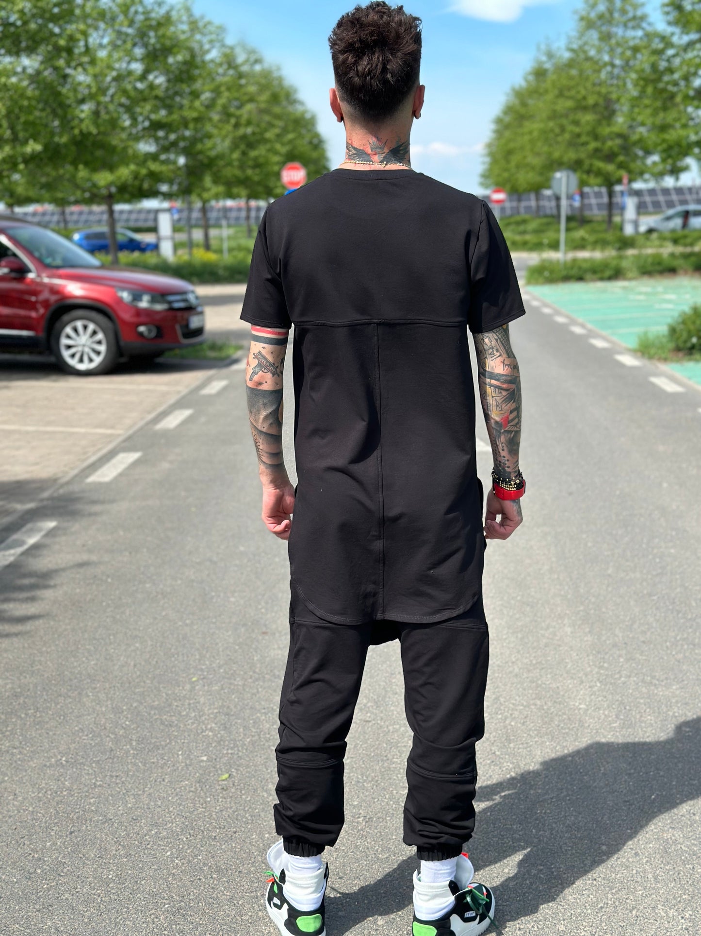 Black Two-Piece Set with Extended Back Hem