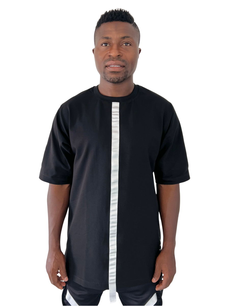 Black T-Shirt with Applied White Bands