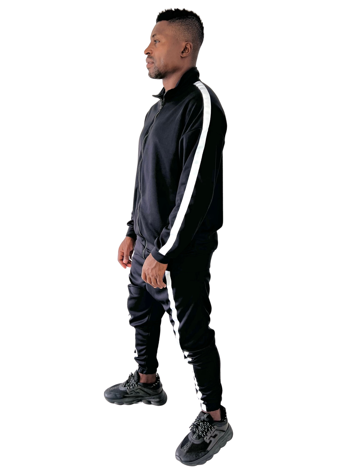 Black Two-Piece Set with Applied White Stripes