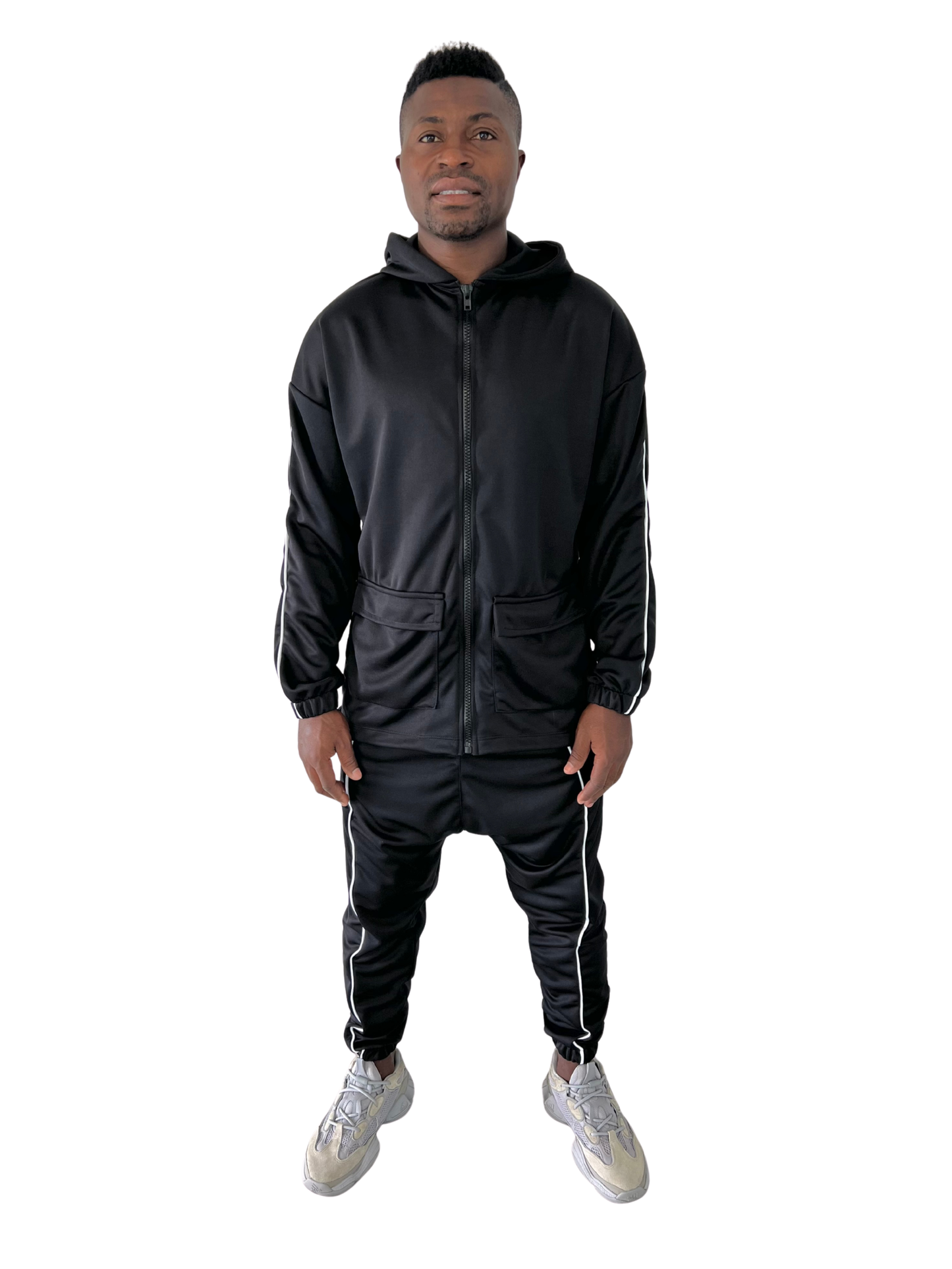 Black Two-Piece Set with White Piping and Patch Pockets