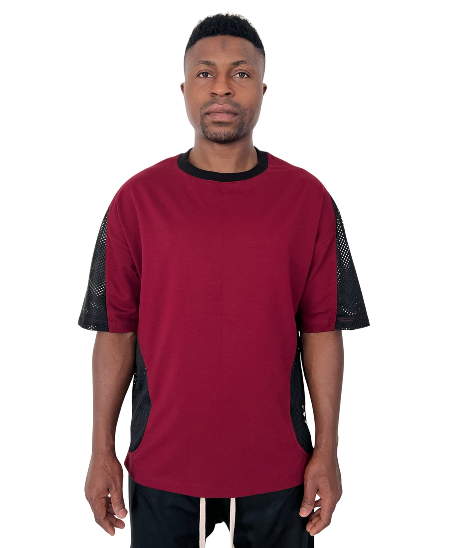 Burgundy T-Shirt with Black Mesh Detail