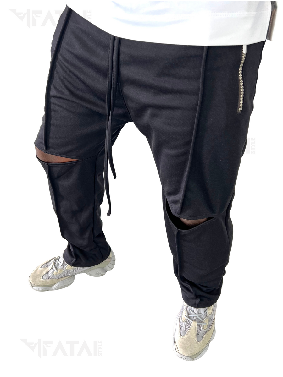 Black Cotton-Blend Trousers with Knee Cut-Out