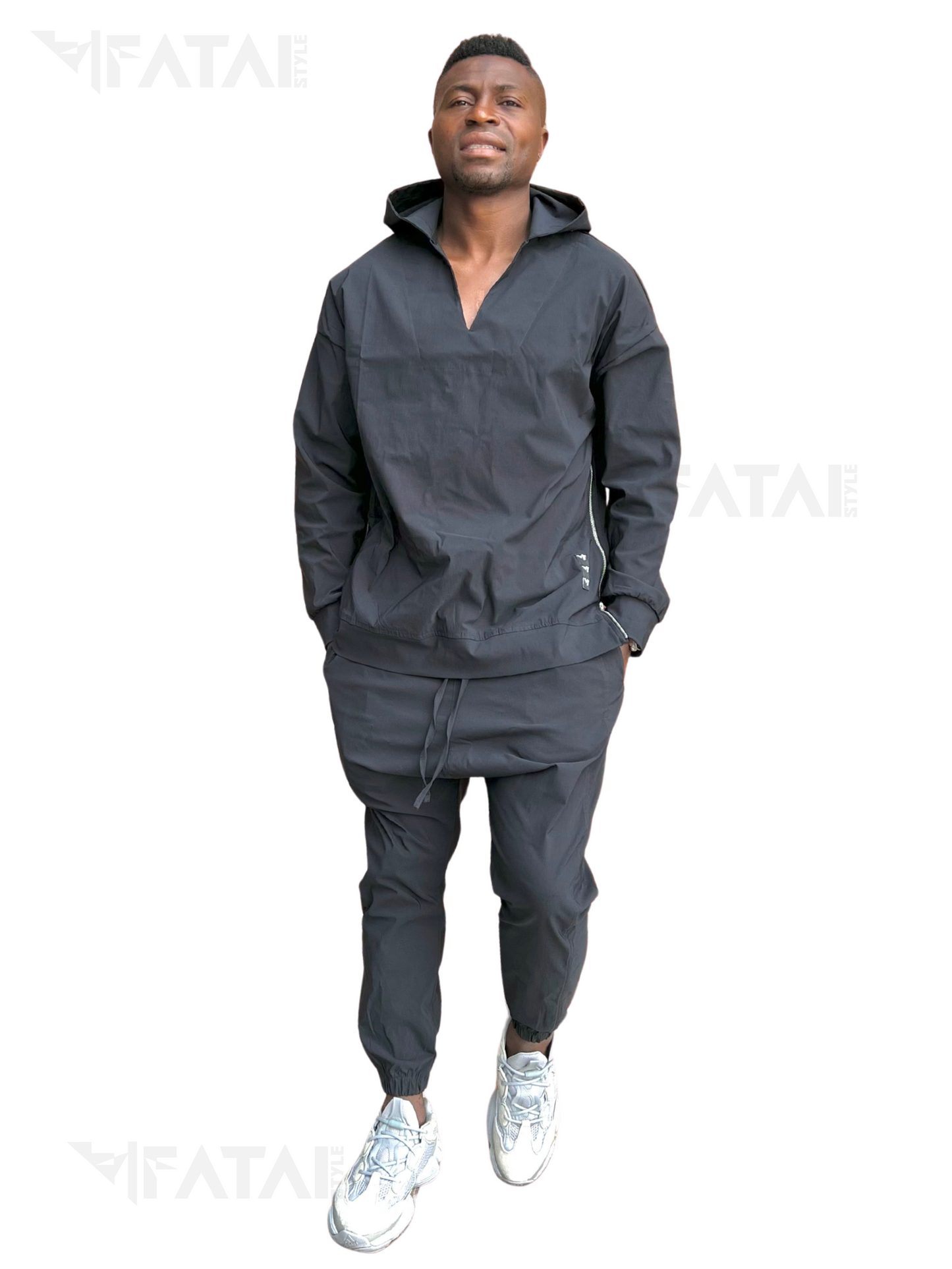 Black Stretch Two-Piece Set with Hood