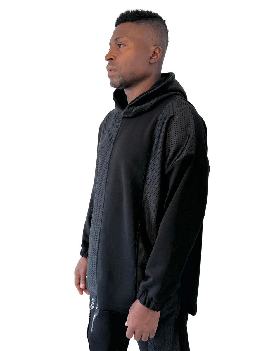 Black Mesh-Panel Sweatshirt with Statement Details